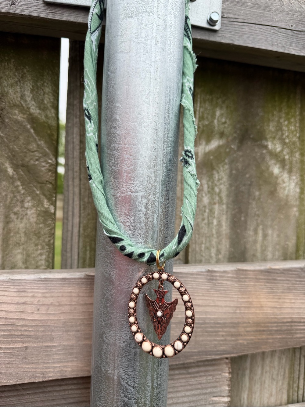Boho Teal Bandana Necklace with Ornate Arrowhead Pendant
